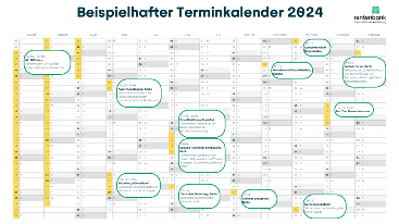Jahreskalender 2024, auf dem beispielhaft Veranstaltungen hervorgehoben sind